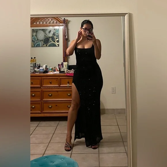 HIGH LIFE
BLACK SEQUIN SQUARE NECK SPLIT FRONT MAXI DRESS from Club Llondon - Picture 5 of 5